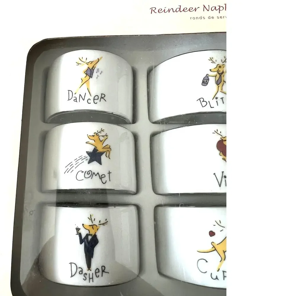 New Retired Set 9 Pottery Barn reindeer ceramic napkin rings Rudolph Santa's